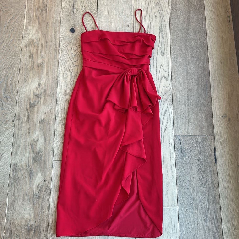 Monique Lhuillier Red Bow Drape Cocktail Dress 4